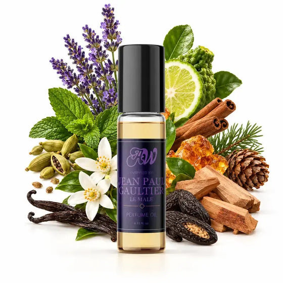 Ancient Wellness men’s alcohol-free perfume oil inspired by Jean Paul Gaultier: Le Male with fragrance notes and bottle