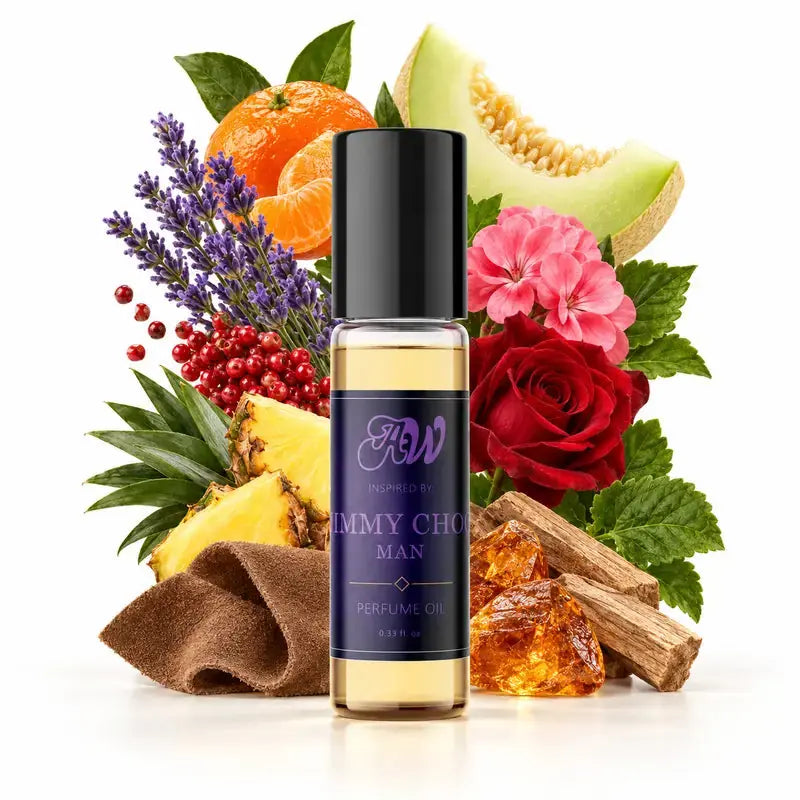 Ancient Wellness men’s alcohol-free perfume oil inspired by Jimmy Choo: Man with fragrance notes and bottle