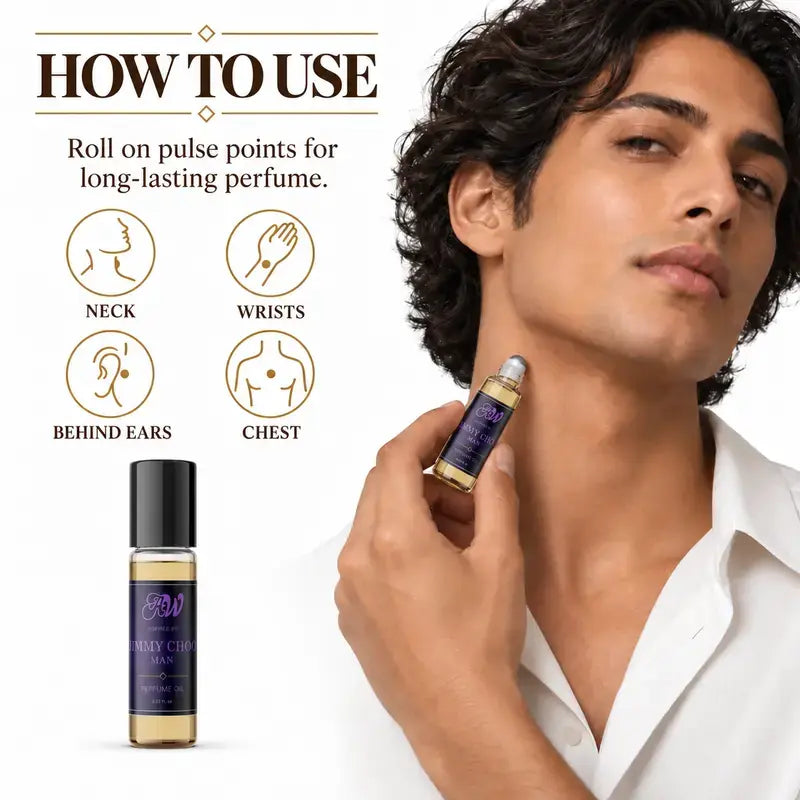 How to apply Ancient Wellness men’s alcohol-free perfume oil inspired by Jimmy Choo: Man