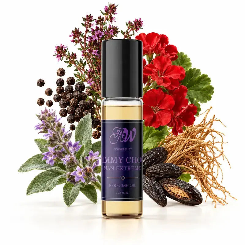 Ancient Wellness men’s alcohol-free perfume oil inspired by Jimmy Choo: Man Extreme with fragrance notes and bottle