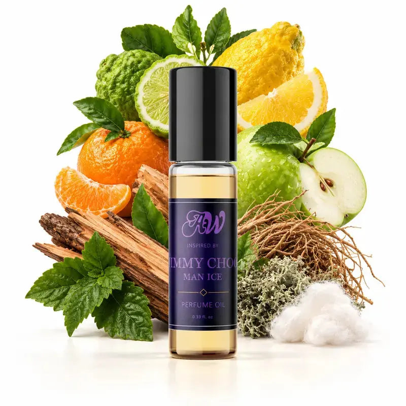 Ancient Wellness men’s alcohol-free perfume oil inspired by Jimmy Choo: Man Ice with fragrance notes and bottle