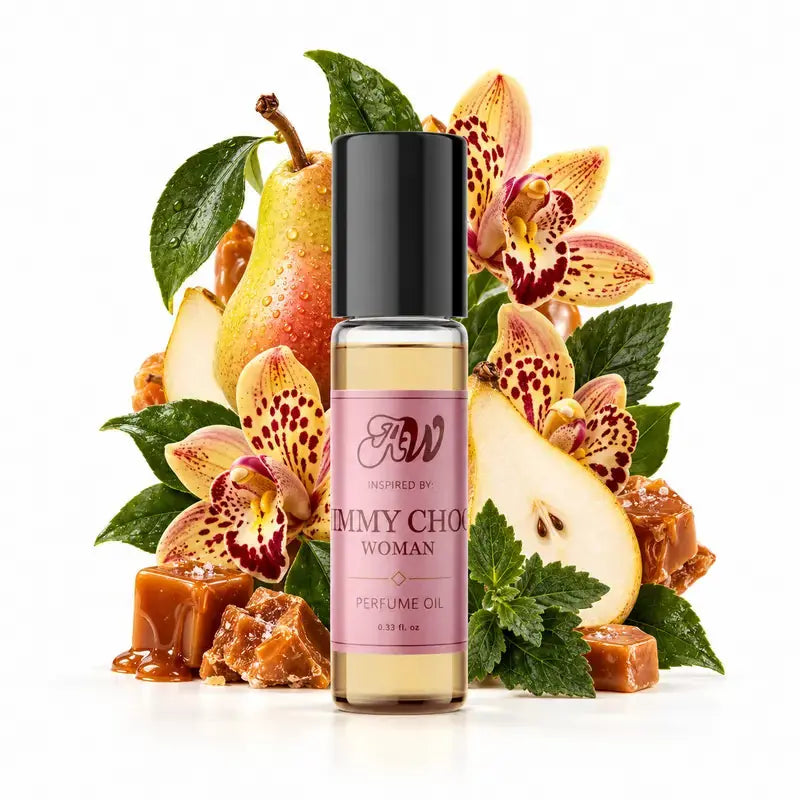 Ancient Wellness women’s alcohol-free perfume oil inspired by Jimmy Choo: Woman with fragrance notes and bottle