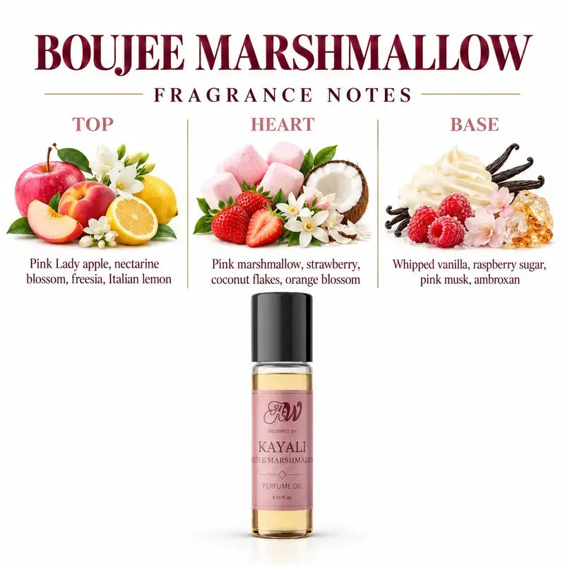 Ancient Wellness women’s alcohol-free perfume oil inspired by Kayali: Boujee Marshmallow with fragrance notes and bottle