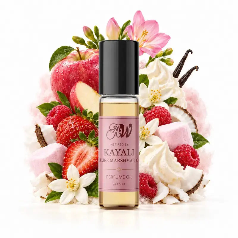 Ancient Wellness women’s alcohol-free perfume oil inspired by Kayali: Boujee Marshmallow with fragrance notes and bottle
