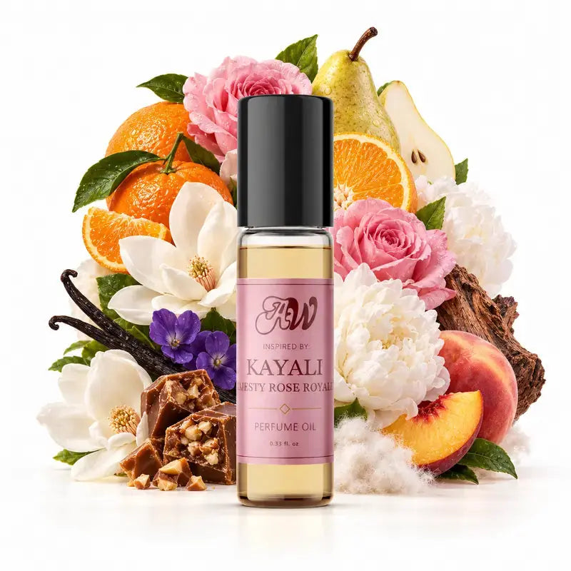 Ancient Wellness women’s alcohol-free perfume oil inspired by Kayali: Majesty Rose Royal 31 with fragrance notes and bottle