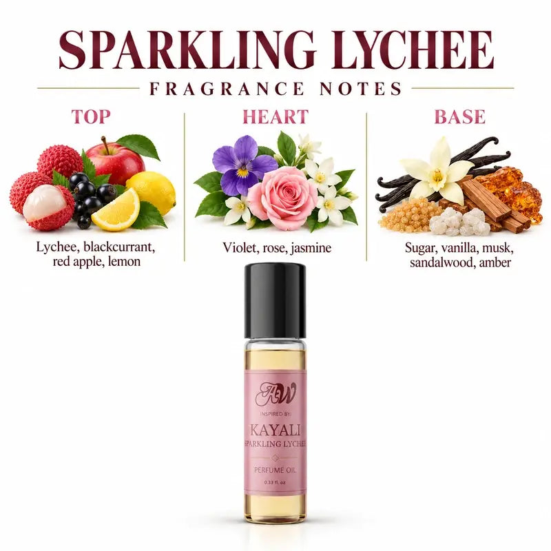 Ancient Wellness women’s alcohol-free perfume oil inspired by Kayali: Sparkling Lychee with fragrance notes and bottle