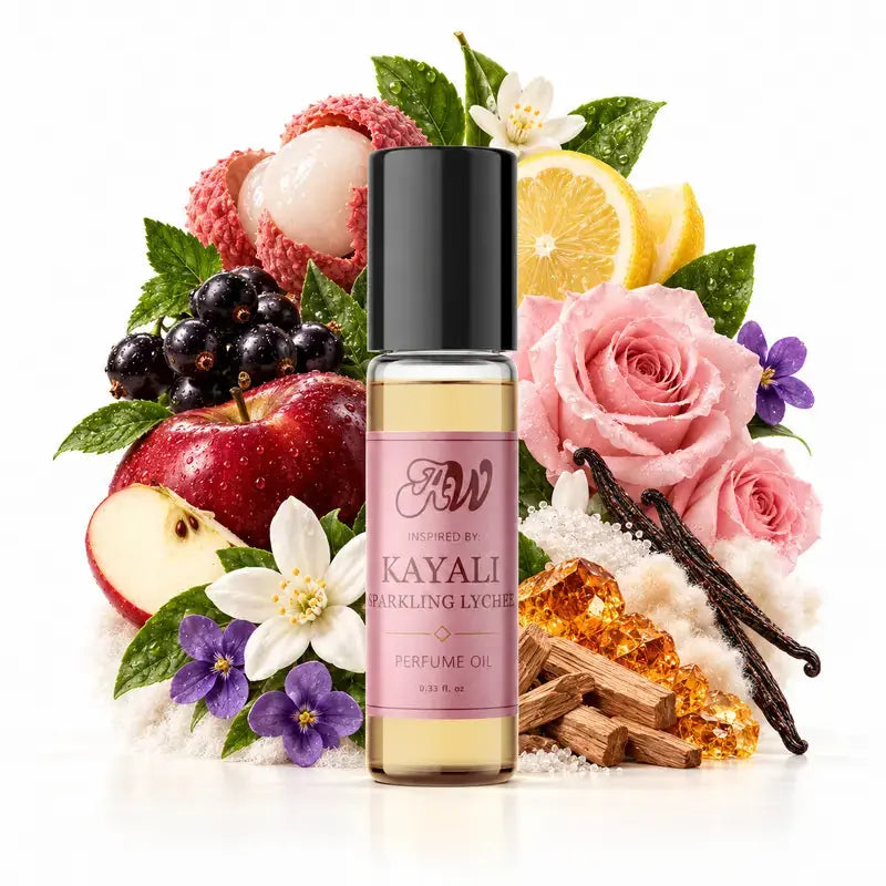 Ancient Wellness women’s alcohol-free perfume oil inspired by Kayali: Sparkling Lychee with fragrance notes and bottle