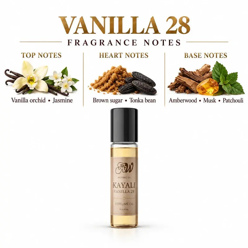 Ancient Wellness unisex alcohol-free perfume oil inspired by Kayali: Vanilla 28 with fragrance notes and bottle