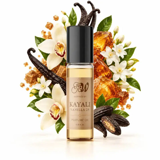 Ancient Wellness unisex alcohol-free perfume oil inspired by Kayali: Vanilla 28 with fragrance notes and bottle