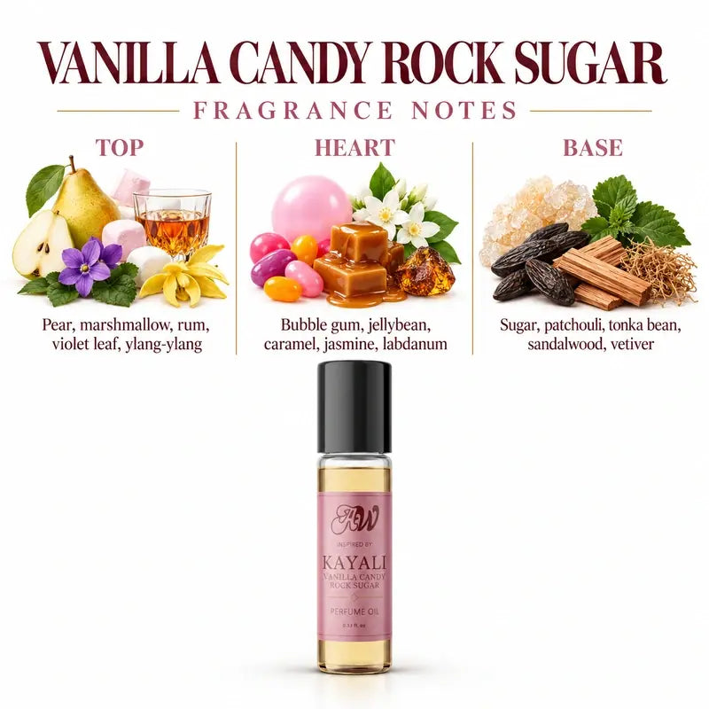Ancient Wellness women’s alcohol-free perfume oil inspired by Kayali: Vanilla Candy Rock Sugar with fragrance notes and bottle