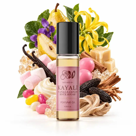 Ancient Wellness women’s alcohol-free perfume oil inspired by Kayali: Vanilla Candy Rock Sugar with fragrance notes and bottle