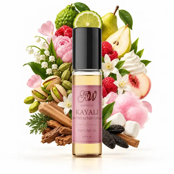 Ancient Wellness women’s alcohol-free perfume oil inspired by Kayali: Yum Pistachio Gelato with fragrance notes and bottle