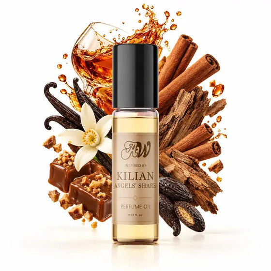 Ancient Wellness unisex alcohol-free perfume oil inspired by Kilian: Angels' Share with fragrance notes and bottle