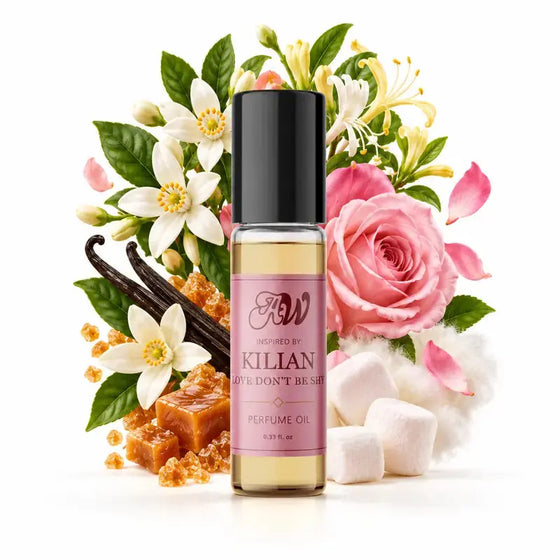 Ancient Wellness women’s alcohol-free perfume oil inspired by Kilian: Love Don't Be Shy with fragrance notes and bottle