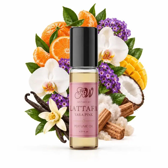 Ancient Wellness women’s alcohol-free perfume oil inspired by Lattafa: Yara Pink with fragrance notes and bottle