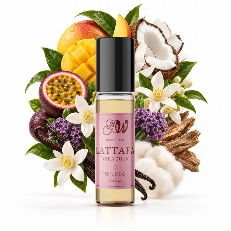 Ancient Wellness women’s alcohol-free perfume oil inspired by Lattafa: Yara Tous with fragrance notes and bottle
