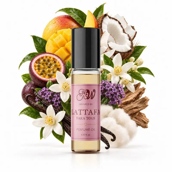 Ancient Wellness women’s alcohol-free perfume oil inspired by Lattafa: Yara Tous with fragrance notes and bottle