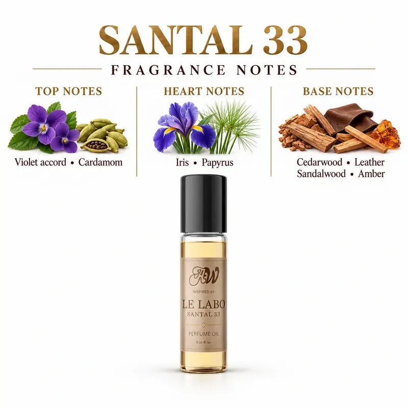 Santal 33 perfume oil fragrance notes - Violet Accord, Iris, Cedarwood