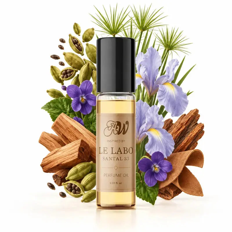 Ancient Wellness unisex alcohol-free perfume oil inspired by Le Labo: Santal 33 with fragrance notes and bottle