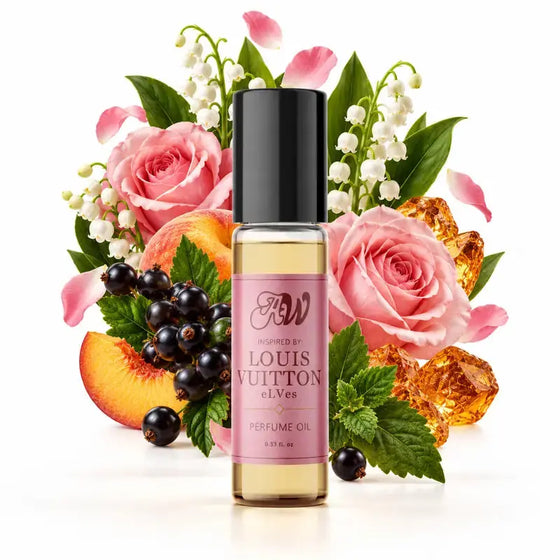 Ancient Wellness women’s alcohol-free perfume oil inspired by Louis Vuitton - eLVes with fragrance notes and bottle