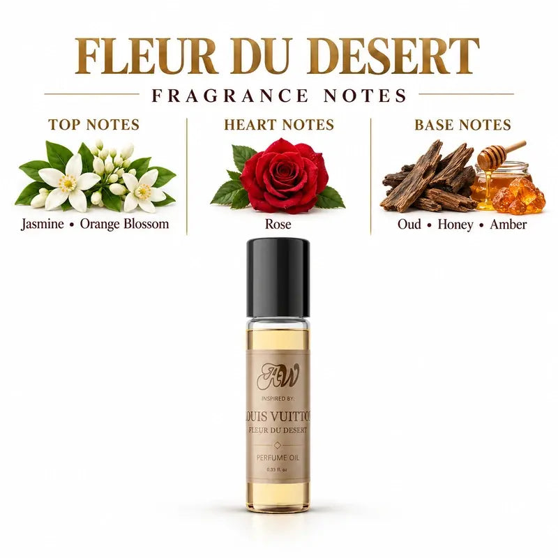 Ancient Wellness unisex alcohol-free perfume oil inspired by Louis Vuitton: Fleur Du Desert with fragrance notes and bottle