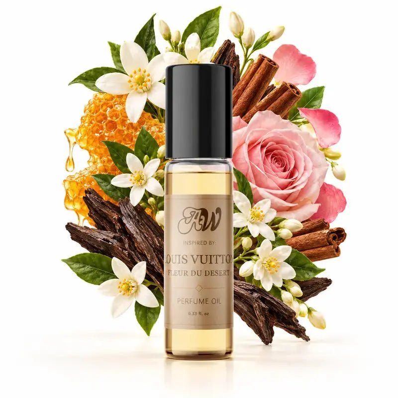 Ancient Wellness unisex alcohol-free perfume oil inspired by Louis Vuitton: Fleur Du Desert with fragrance notes and bottle