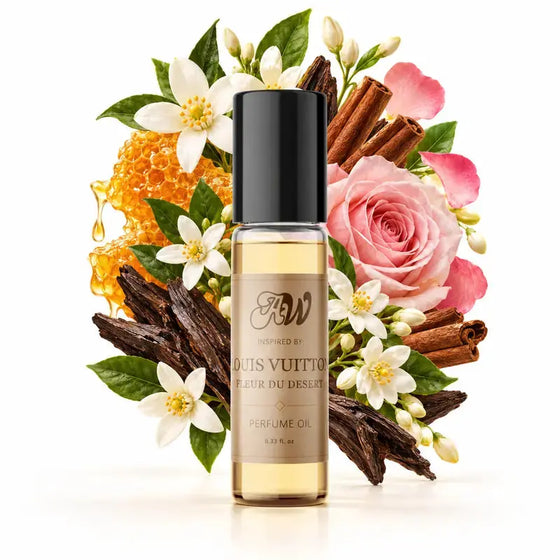 Ancient Wellness unisex alcohol-free perfume oil inspired by Louis Vuitton: Fleur Du Desert with fragrance notes and bottle