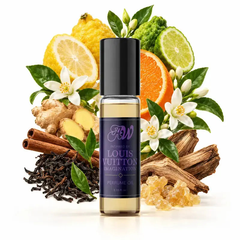 Ancient Wellness men’s alcohol-free perfume oil inspired by Louis Vuitton: Imagination with fragrance notes and bottle