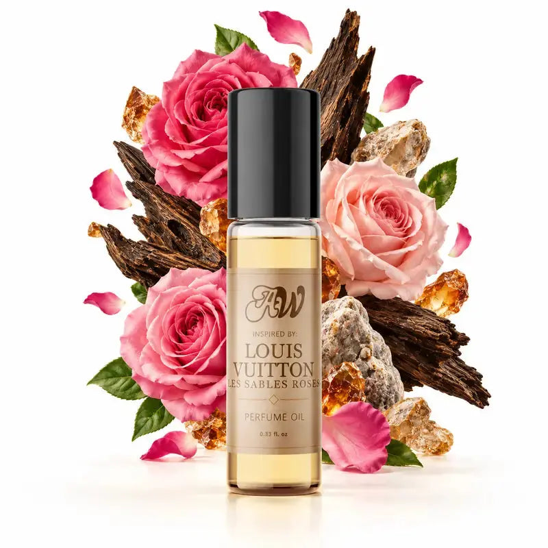 Ancient Wellness unisex alcohol-free perfume oil inspired by Louis Vuitton: Les Sables Roses with fragrance notes and bottle