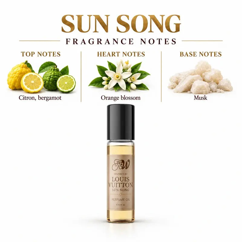 Ancient Wellness unisex alcohol-free perfume oil inspired by Louis Vuitton: Sun Song with fragrance notes and bottle