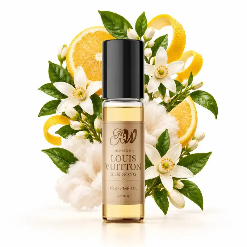 Ancient Wellness unisex alcohol-free perfume oil inspired by Louis Vuitton: Sun Song with fragrance notes and bottle