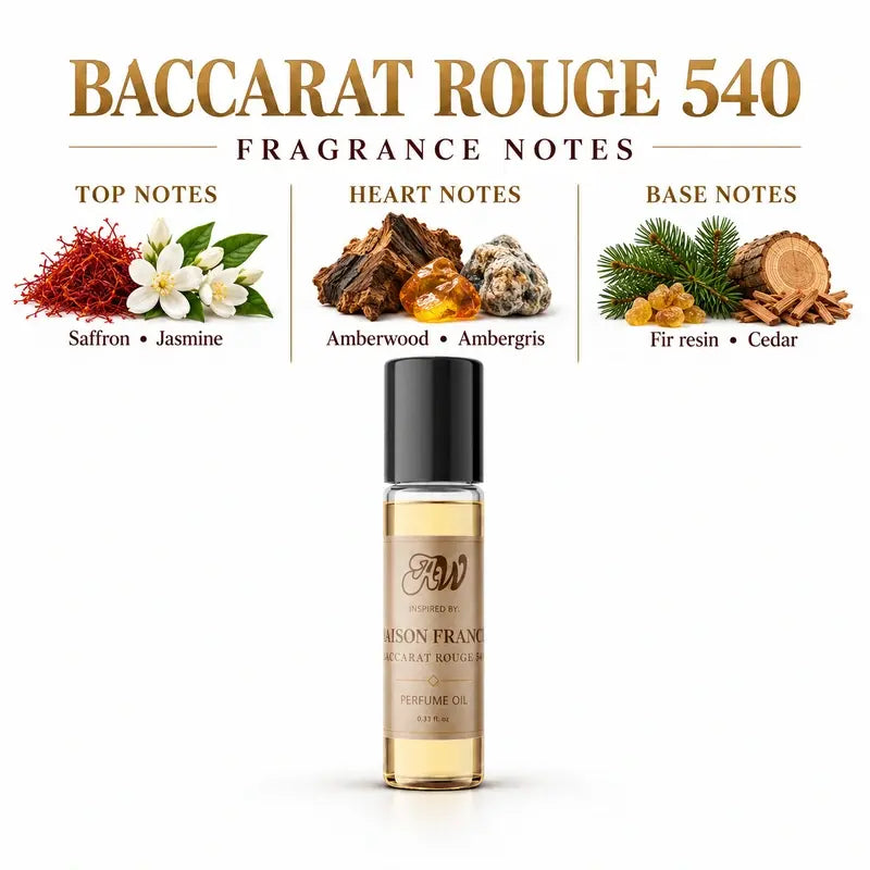 Ancient Wellness unisex alcohol-free perfume oil inspired by Maison Francis: Baccarat Rouge 540 with fragrance notes and bottle