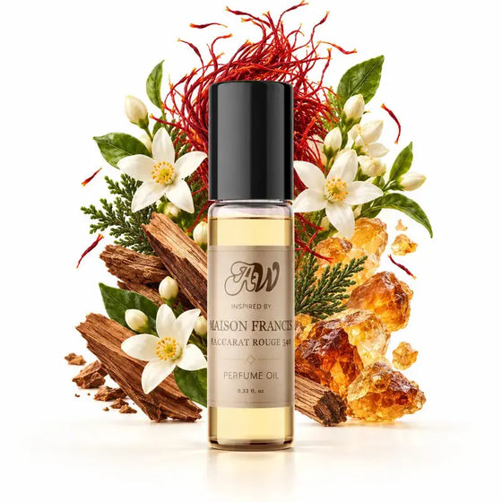 Ancient Wellness unisex alcohol-free perfume oil inspired by Maison Francis: Baccarat Rouge 540 with fragrance notes and bottle