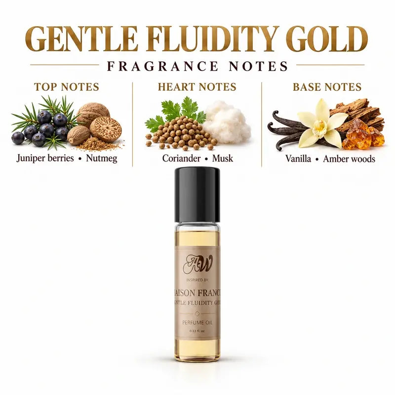 Ancient Wellness unisex alcohol-free perfume oil inspired by Maison Francis: Gentle Fluidity Gold with fragrance notes and bottle