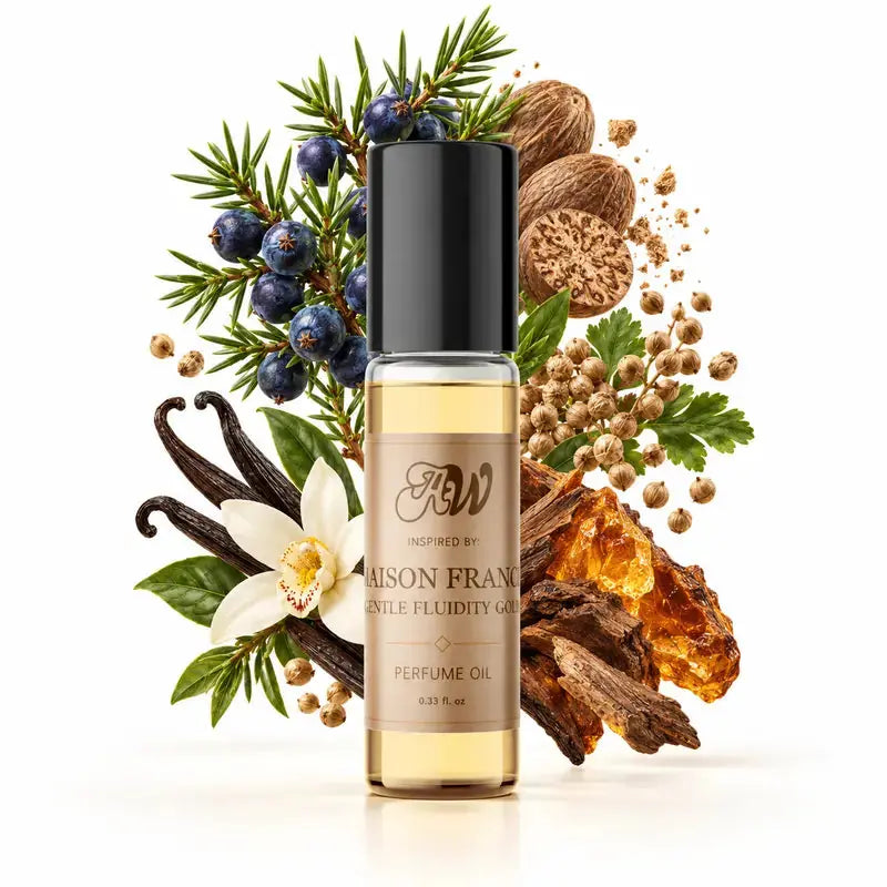 Ancient Wellness unisex alcohol-free perfume oil inspired by Maison Francis: Gentle Fluidity Gold with fragrance notes and bottle