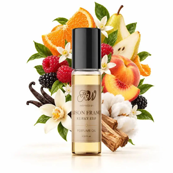 Ancient Wellness unisex alcohol-free perfume oil inspired by Maison Francis: Kurky EDP with fragrance notes and bottle