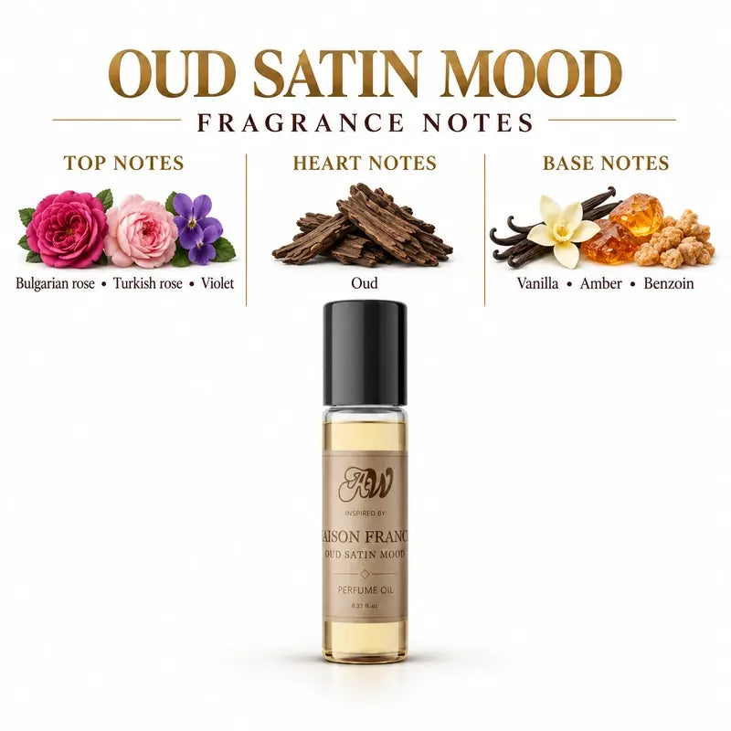 Oud Satin Mood perfume oil fragrance notes - Bulgarian Rose, Turkish Rose, Agarwood (Oud)
