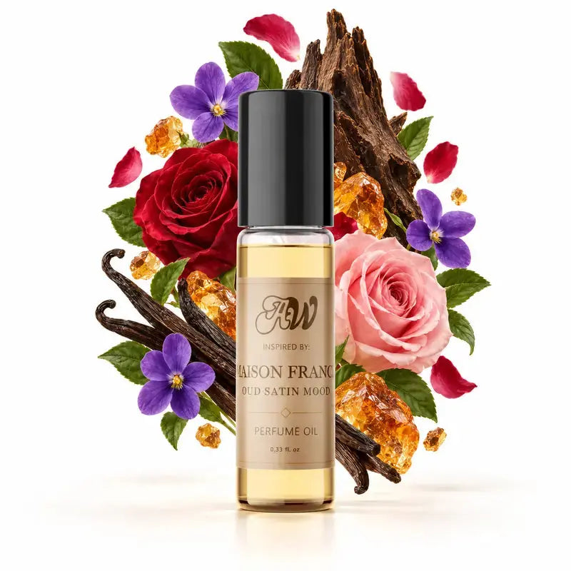 Ancient Wellness unisex alcohol-free perfume oil inspired by Maison Francis: Oud Satin Mood with fragrance notes and bottle