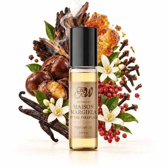 Ancient Wellness unisex alcohol-free perfume oil inspired by Maison Margiela: By The Fireplace with fragrance notes and bottle