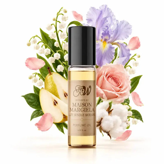 Ancient Wellness unisex alcohol-free perfume oil inspired by Maison Margiela: Lazy Sunday Morning with fragrance notes and bottle