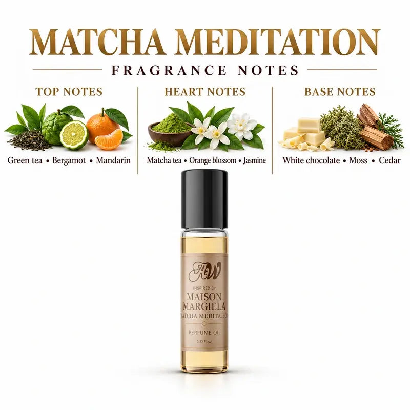Matcha Meditation perfume oil fragrance notes - Green Tea, Jasmine, White Chocolate