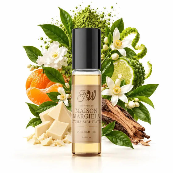 Ancient Wellness unisex alcohol-free perfume oil inspired by Maison Margiela: Matcha Meditation with fragrance notes and bottle