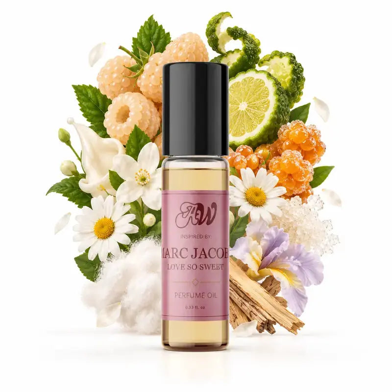 Ancient Wellness women’s alcohol-free perfume oil inspired by Marc Jacobs: Love So Sweet with fragrance notes and bottle