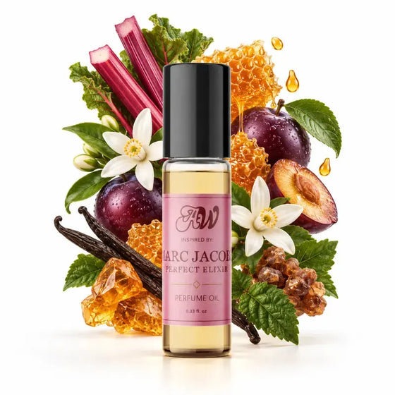 Ancient Wellness women’s alcohol-free perfume oil inspired by Marc Jacobs: Perfect Elixir with fragrance notes and bottle