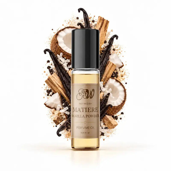 Ancient Wellness unisex alcohol-free perfume oil inspired by Matiere Premiere: Vanilla Powder with fragrance notes and bottle
