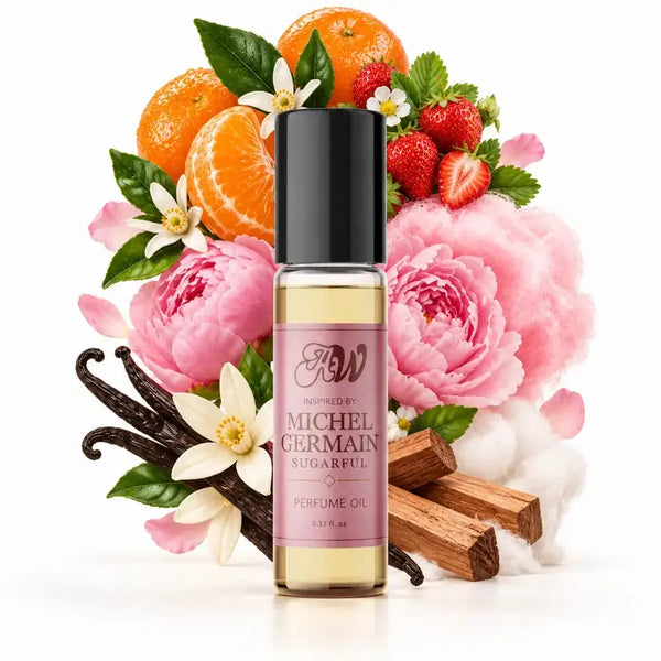 Ancient Wellness women’s alcohol-free perfume oil inspired by Michel Germain: Sugarful with fragrance notes and bottle