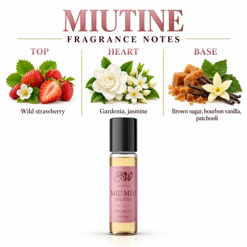 Ancient Wellness women’s alcohol-free perfume oil inspired by Miu Miu: Miutine with fragrance notes and bottle