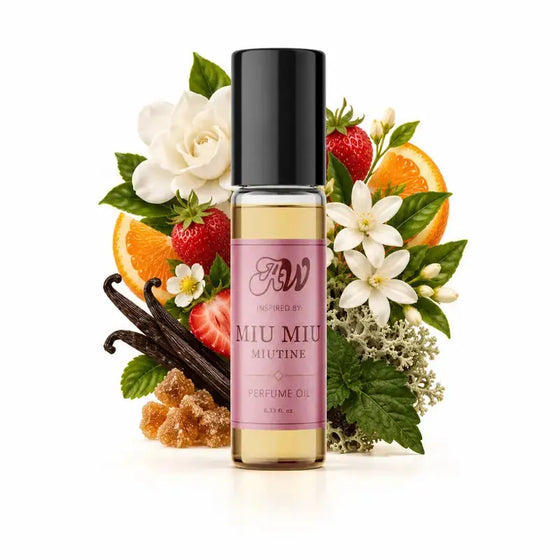Ancient Wellness women’s alcohol-free perfume oil inspired by Miu Miu: Miutine with fragrance notes and bottle