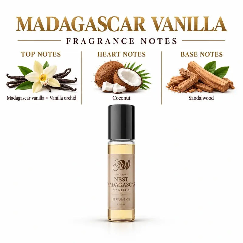 Ancient Wellness unisex alcohol-free perfume oil inspired by Nest: Madagascar Vanilla with fragrance notes and bottle