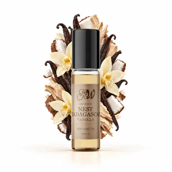 Ancient Wellness unisex alcohol-free perfume oil inspired by Nest: Madagascar Vanilla with fragrance notes and bottle
